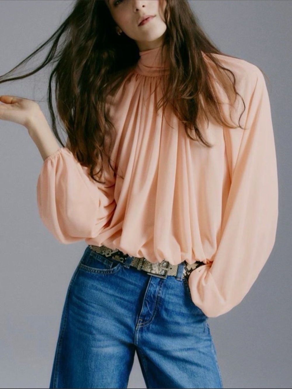 H&M Tie Neck Peach Balloon Sleeve Women's Top/Blouse